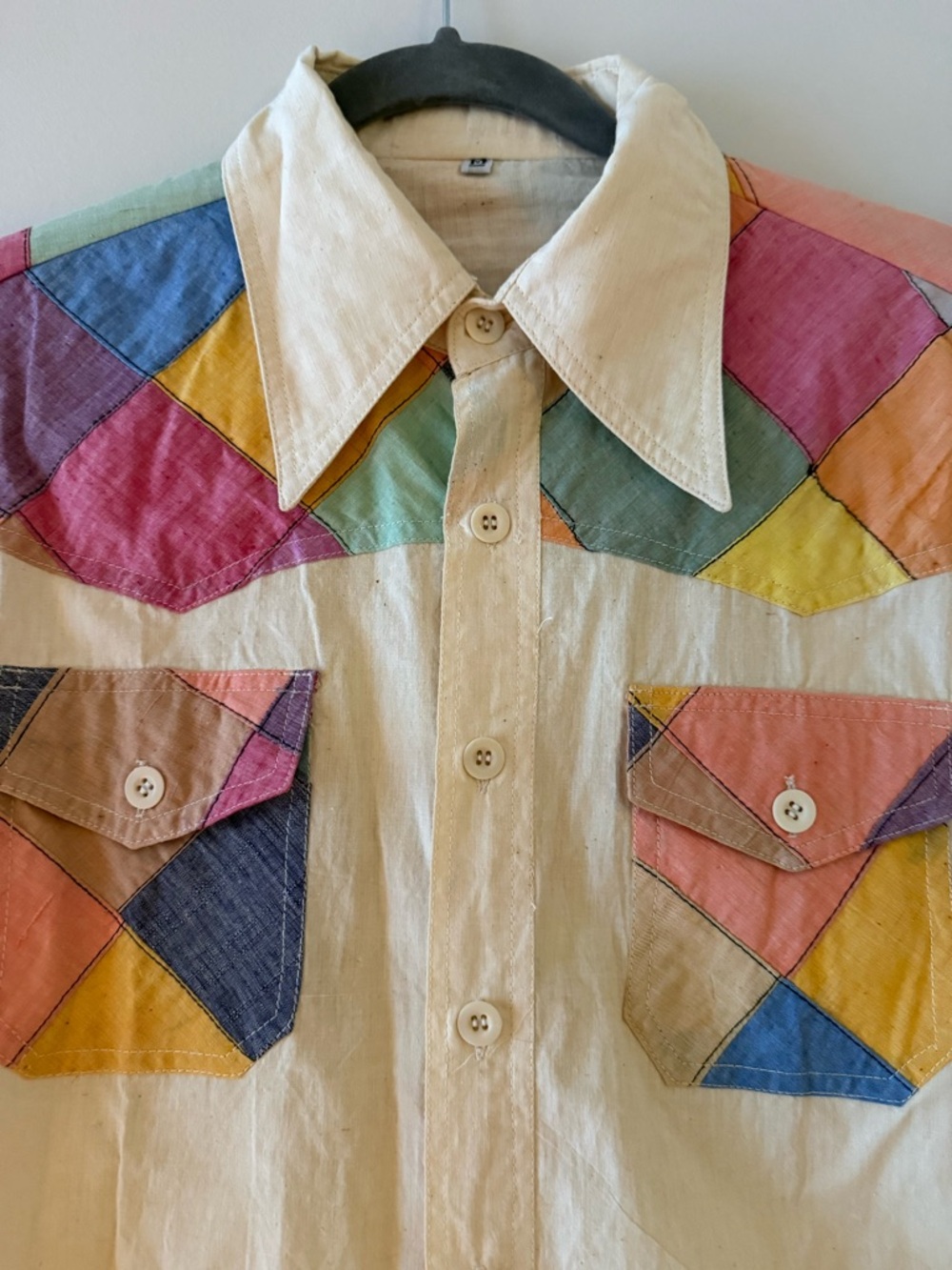 Women's Cream Casual Button-Down Shirt with Multicolor Patchwork - Picture 5 of 8